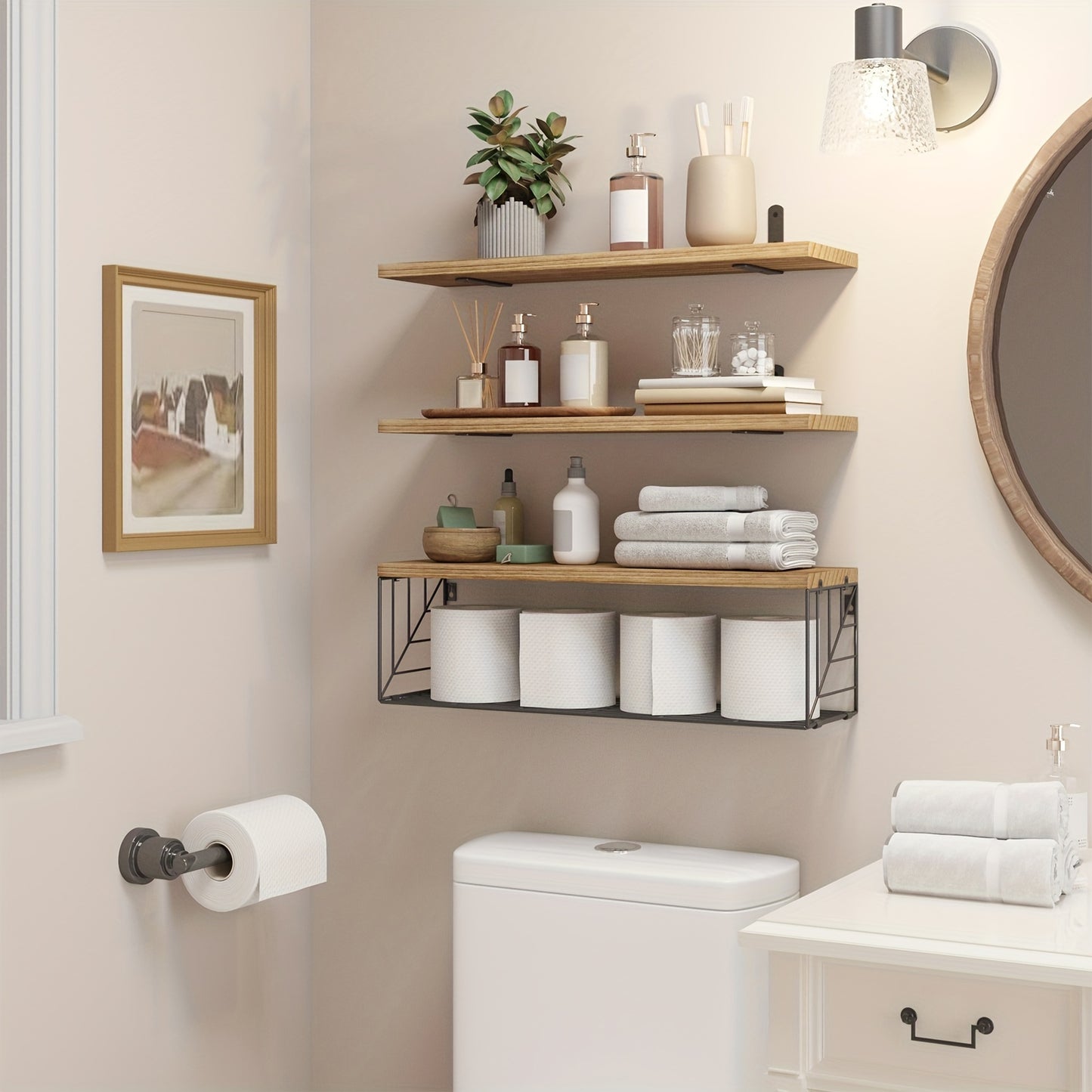 Rustic Brown Floating Shelves With Metal Baskets - Alia's Home Things