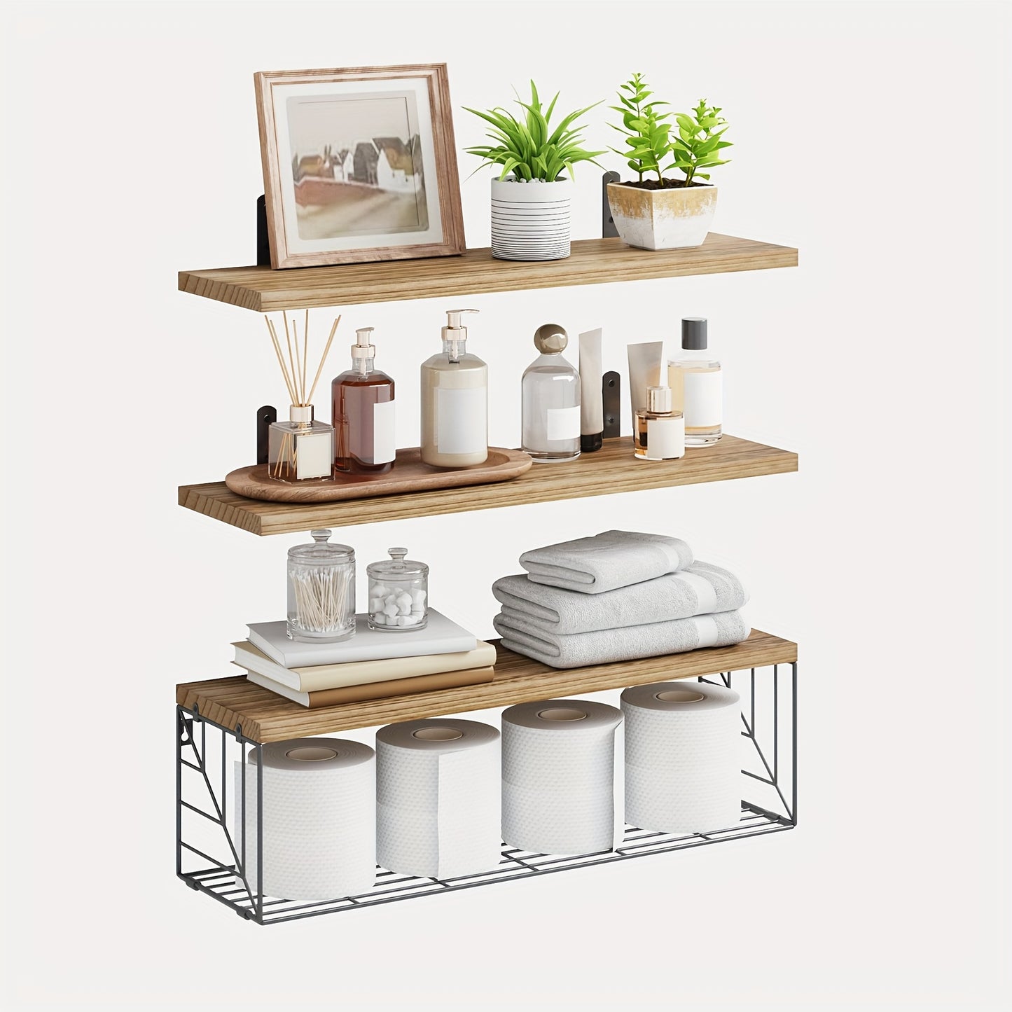 Rustic Brown Floating Shelves With Metal Baskets - Alia's Home Things