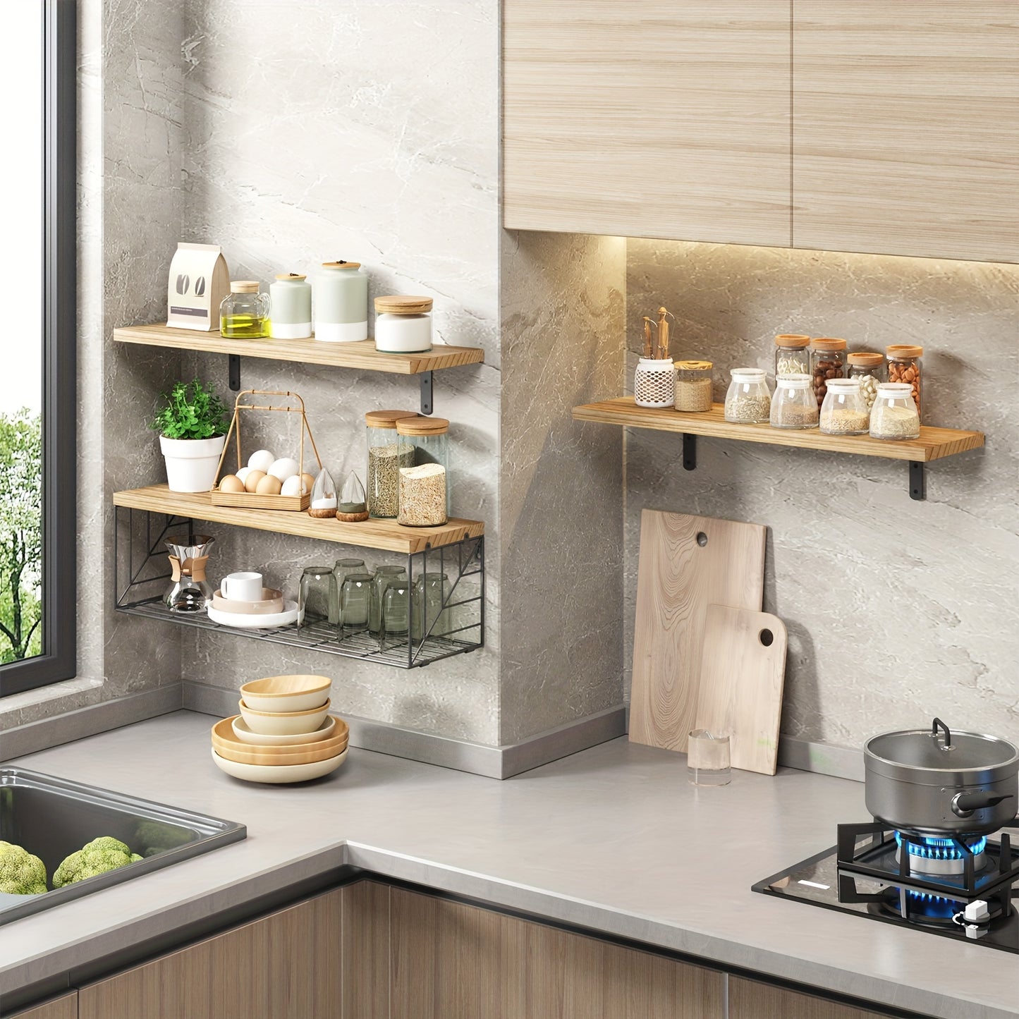 Rustic Brown Floating Shelves With Metal Baskets - Alia's Home Things