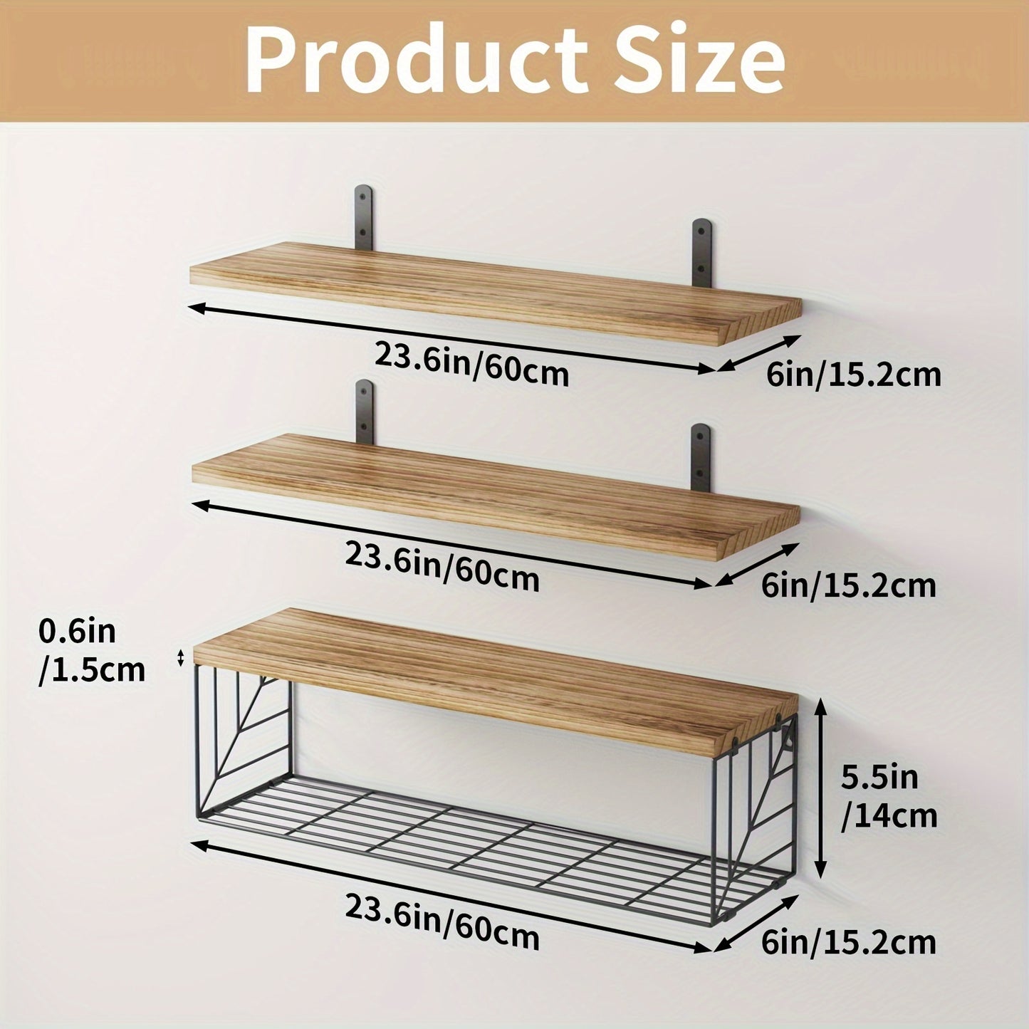 Rustic Brown Floating Shelves With Metal Baskets - Alia's Home Things