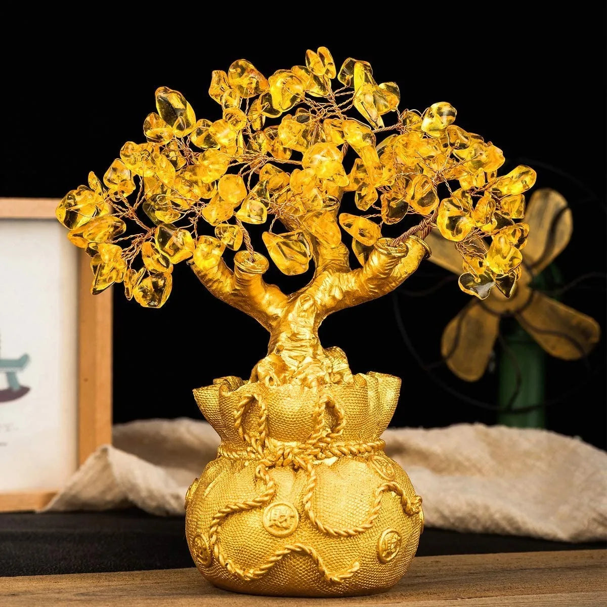 Crystal Money Bag Tree Figurine Yellow Lucky Wealth - Alia's Home Things