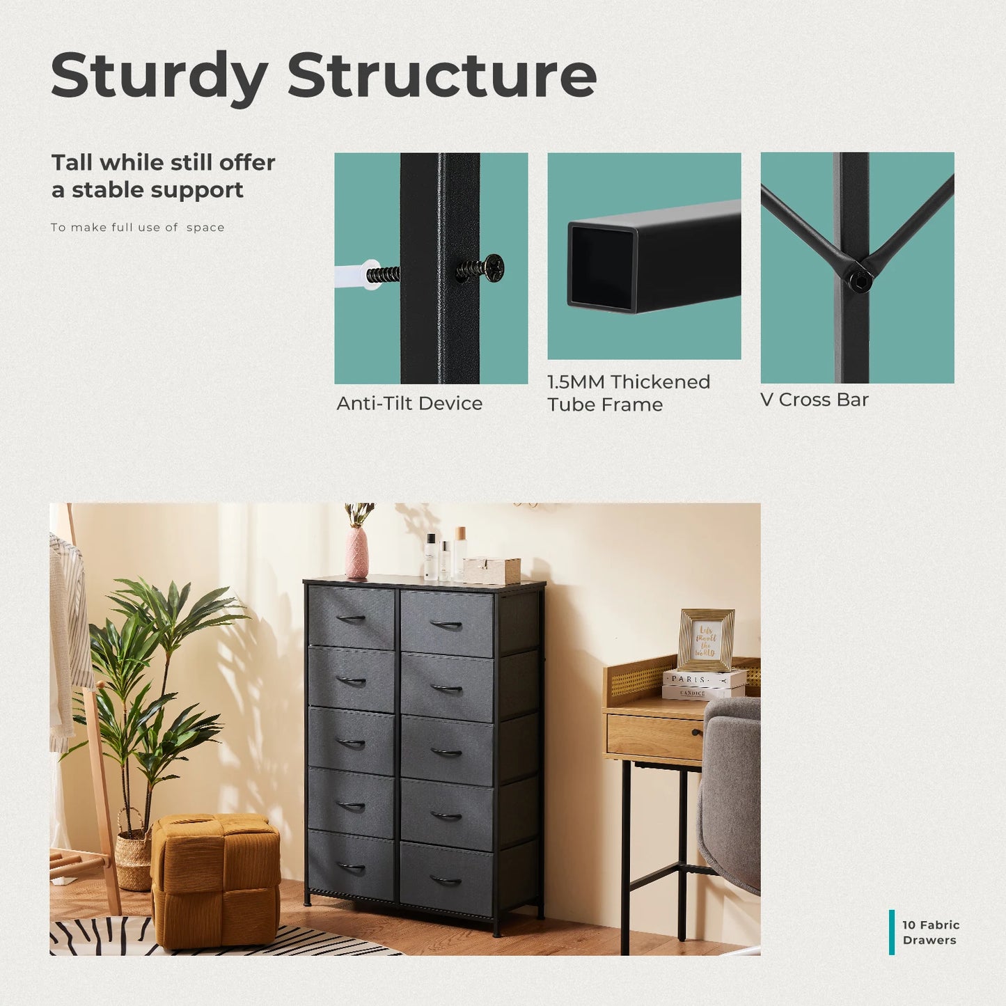 JHK Bedside Table For Bedroom With 10 Fabric Drawers - Alia's Home Things