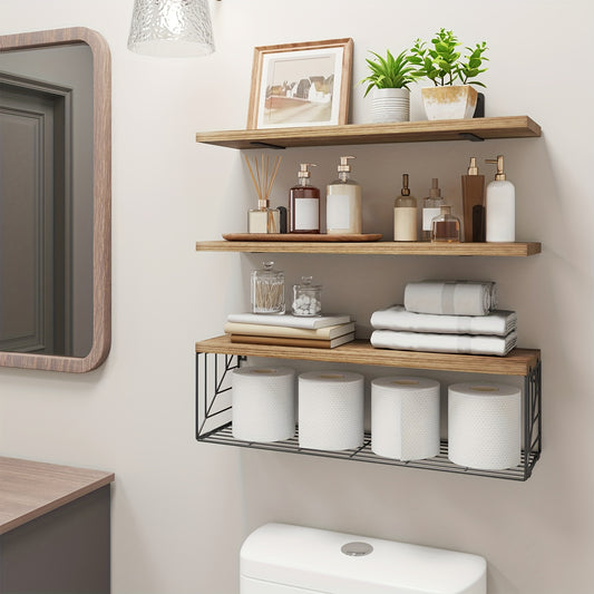 Rustic Brown Floating Shelves With Metal Baskets - Alia's Home Things  