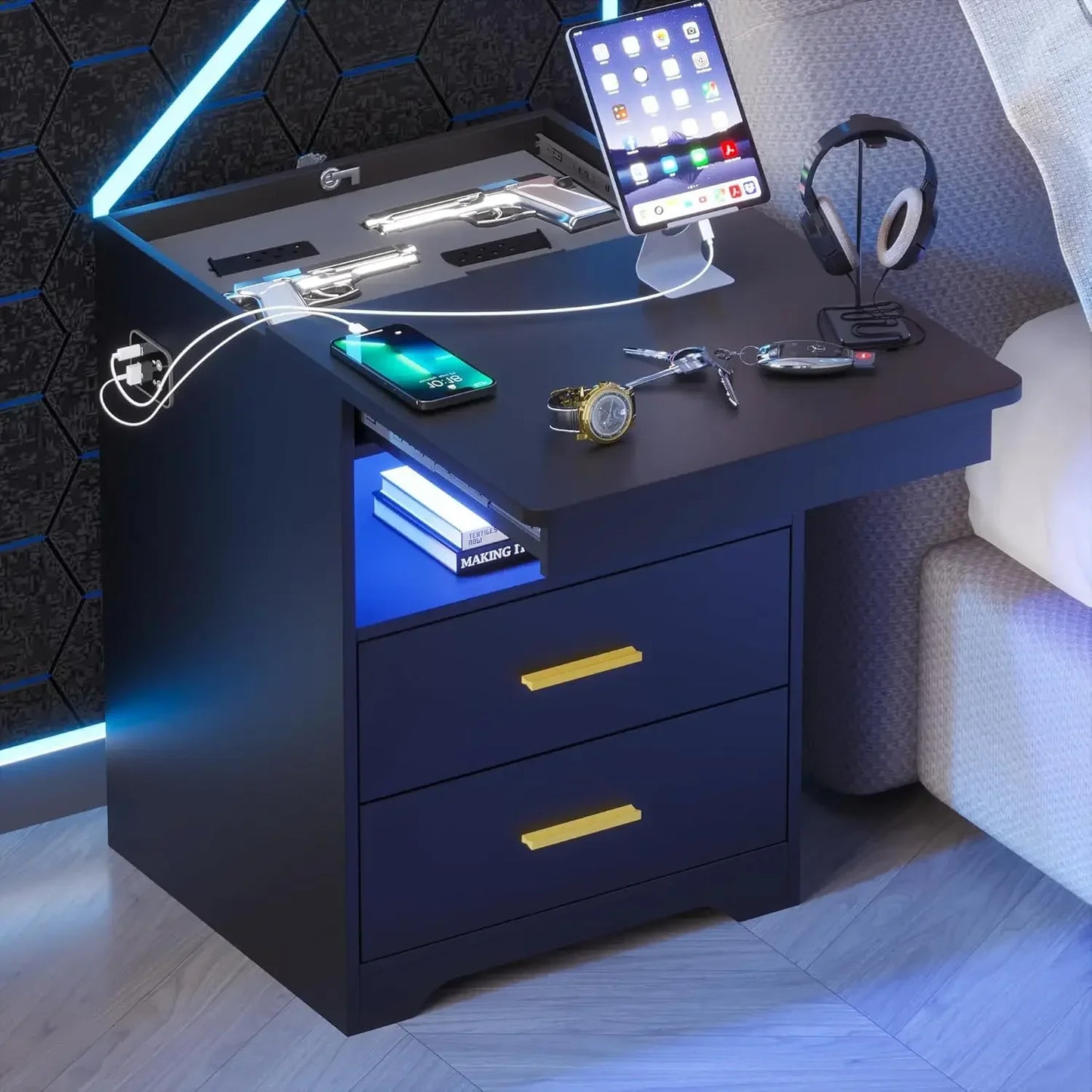 LED Nightstand with Gun Drawer Set of 2 - Alia's Home Things  