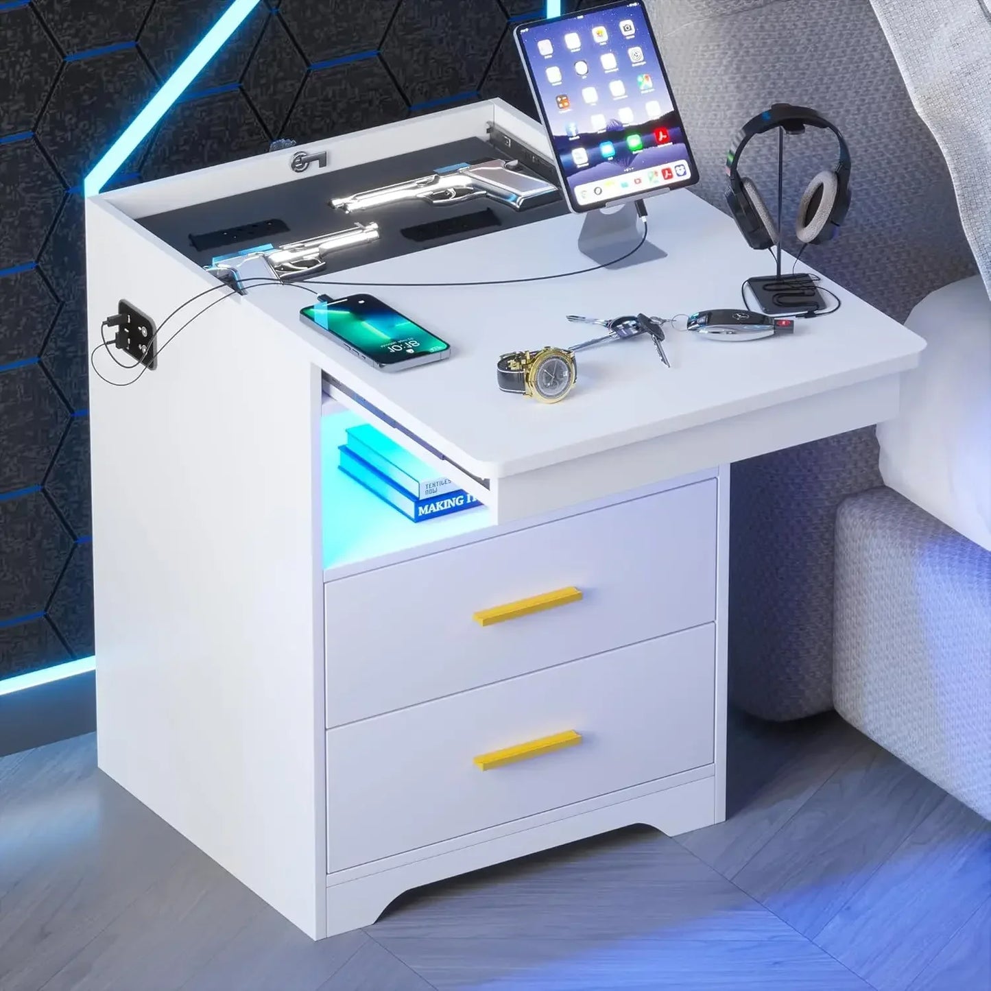LED Nightstand with Gun Drawer Set of 2 - Alia's Home Things  