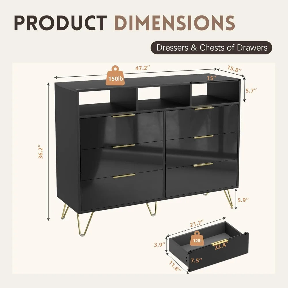 6 Drawer Dresser with LED lights, Modern Black - Alia's Home Things  