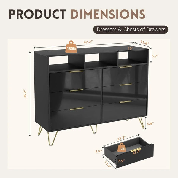 6 Drawer Dresser with LED lights, Modern Black - Alia's Home Things  