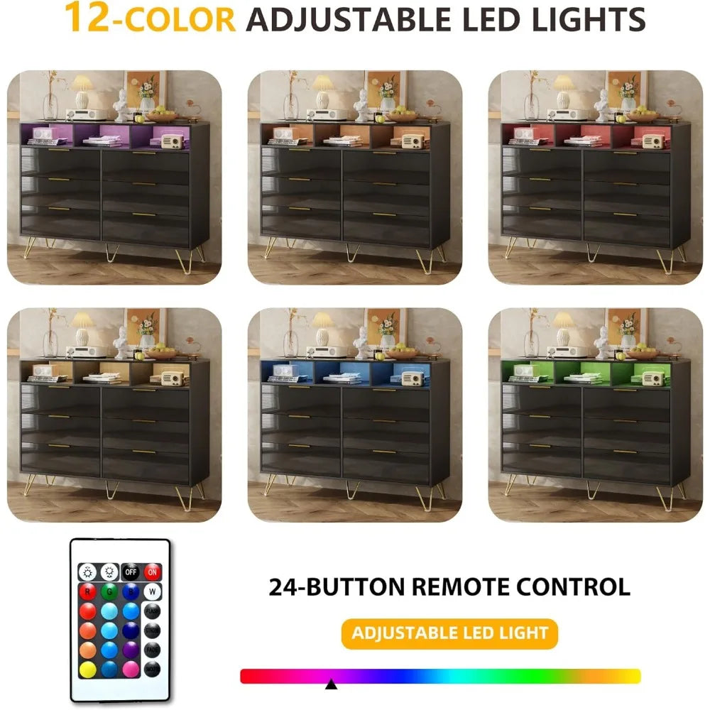 6 Drawer Dresser with LED lights, Modern Black - Alia's Home Things  