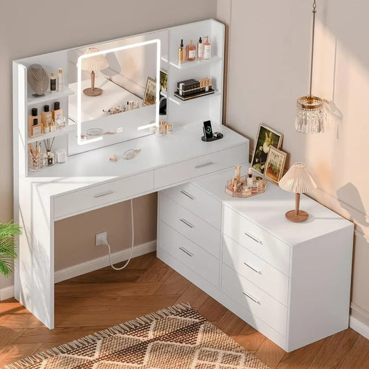 Vanity Desk with LED Lighted Mirror Power Outlet - Alia's Home Things  