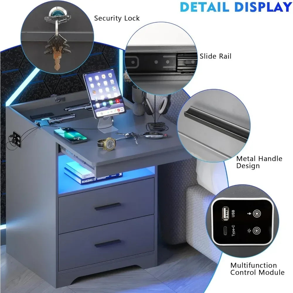 LED Nightstand with Gun Drawer Set of 2 - Alia's Home Things  
