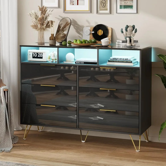 6 Drawer Dresser with LED lights, Modern Black - Alia's Home Things  