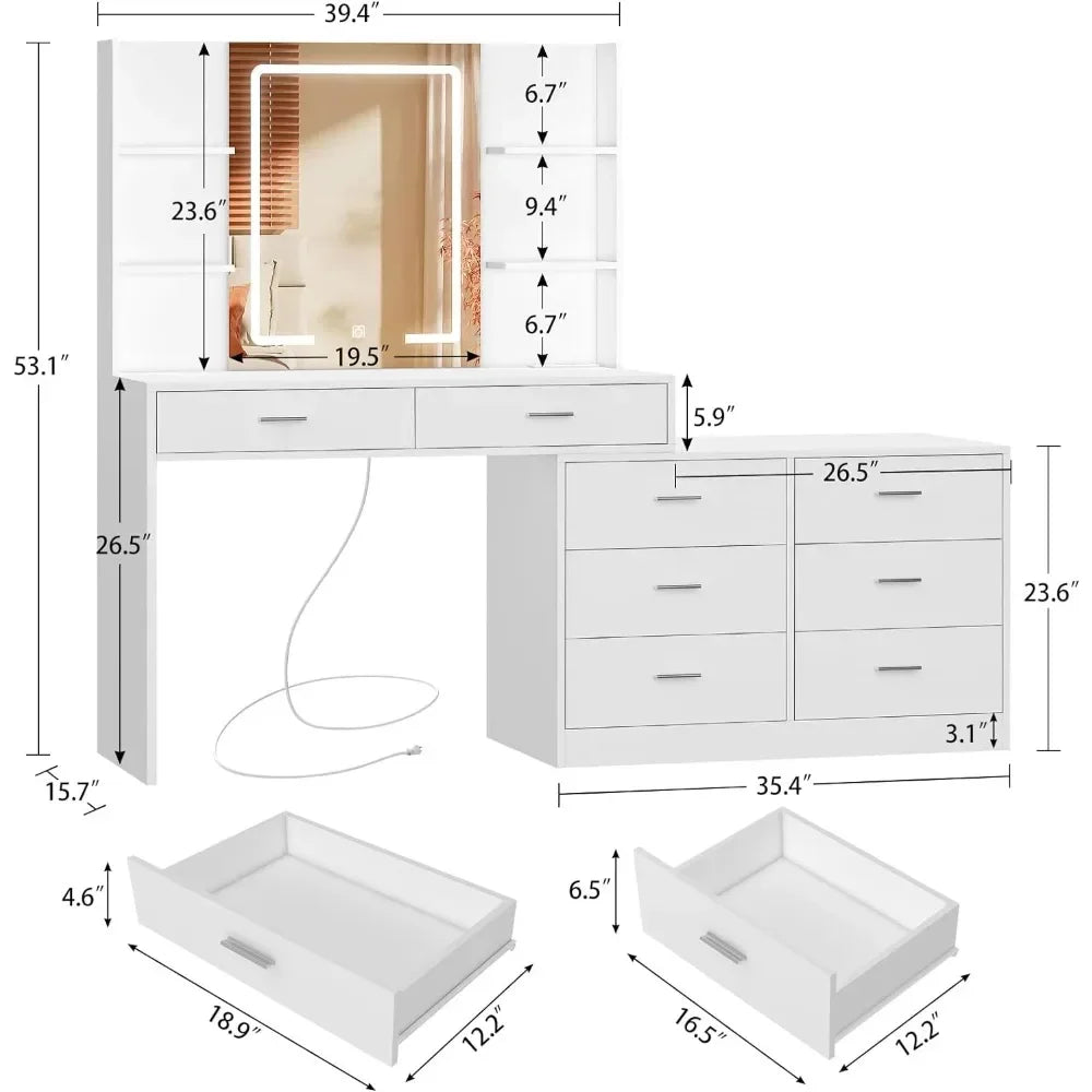Vanity Desk with LED Lighted Mirror Power Outlet - Alia's Home Things  