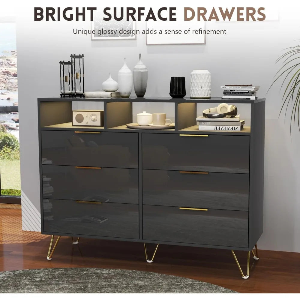 6 Drawer Dresser with LED lights, Modern Black - Alia's Home Things  